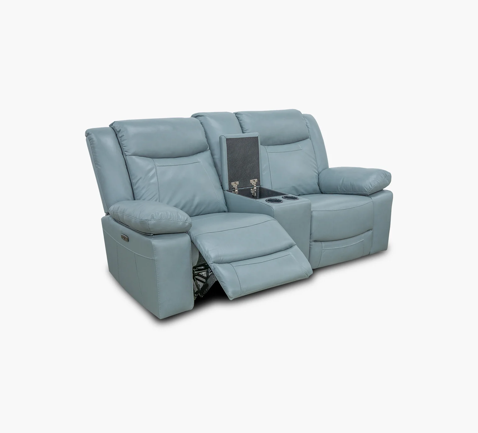 Dallas Teal Leather Dual Power Console Loveseat - Image 3